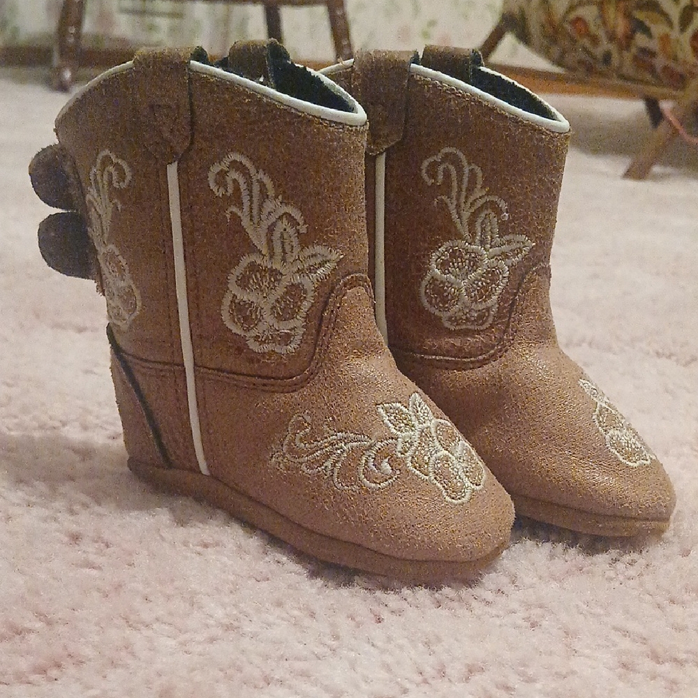 Brown Embroidered Kids Cowboy Boots